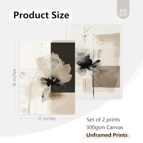 Modern Abstract Floral Wall Art Minimalist Neutral Canvas Painting Decor Beige Cream And Black Wall Art Contemporary Flower Picture Prints for Living Room Bedroom 12x16 Inch Unframed Set of 2 - color: Ink Wash Flower Prints, size: 12x16 Inch Unframed