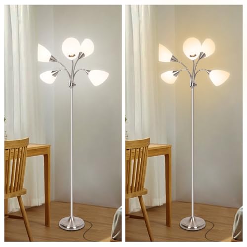 Floor Lamp, 5 Adjustable Neck Heads with Lampshades, Multi-Light Standing Reading Lamp for Living Room, Bedroom, Office - color: Satin Nickel