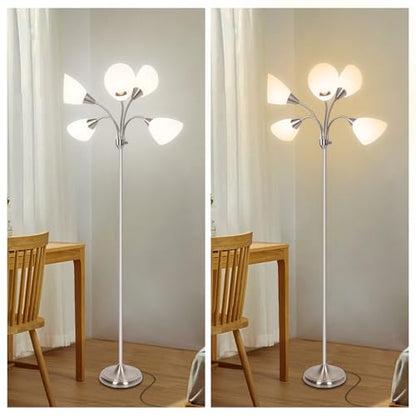 Floor Lamp, 5 Adjustable Neck Heads with Lampshades, Multi-Light Standing Reading Lamp for Living Room, Bedroom, Office - color: Satin Nickel