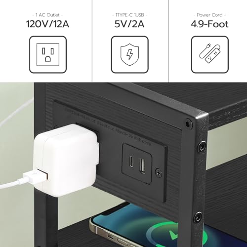 HOOBRO Small Narrow Side Table with Charging Station, Skinny End Table for Small Spaces, Slim Nightstand with USB Ports Outlet, Sofa Beside Table with Storage Shelf, Black BB102UBZ01 - color: Black
