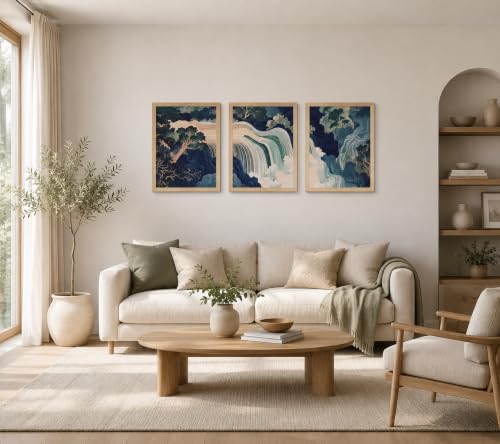 3Pcs Framed Canvas Murals Japanese Modern Landscape Blue Green Mountain And Water Abstract Nature Posters Art Gallery Living Room Office Home Wall 12x16 Inches Ready To Hang - color: Japanese-1, size: 12x16 Inch