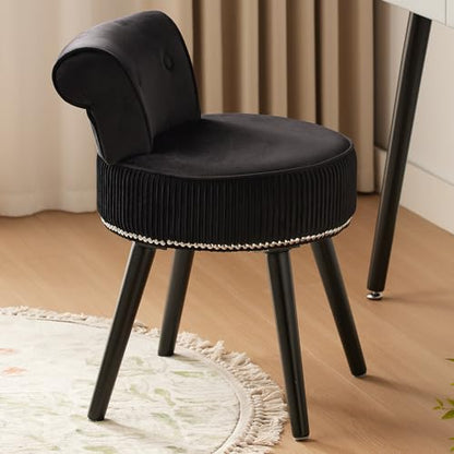 Small Black Vanity Chair with Back, Velvet Vanity Chair | Low Backrest Silvery Nailhead Trim, Round Vanity Seat for Bedroom and Bathroom Makeup, Support 220lbs, Easy Assembly (Black) - color: Black