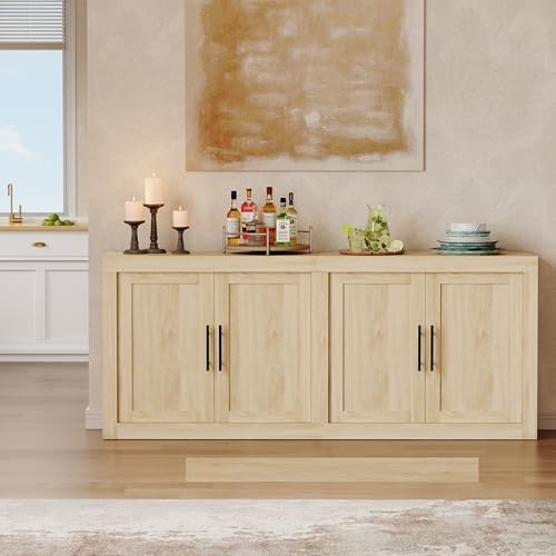 Garvee 70.8 in Sideboard Buffet Cabinet with Storage, Mid Century Modern Accent Cabinet with 4 Wooden Doors, Coffee Bar Credenza for Living Room, Dining Room, Hallway, Natural | Farmhouse Style, Large 4-Door Storage, Adjustable Shelves, For Dining & Kitch