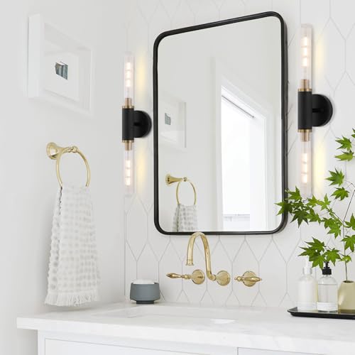 Modern Wall Sconces 24" Knurled Texture Cylinder Bathroom Vanity Lights Fixtures with Clear Striped Glass Shade 2-Lights Brushed Brass Gold Black Indoor Wall Lighting for Bedroom Hallway - color: Gold Black Knurled Texture/Clear