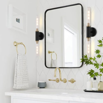 Modern Wall Sconces 24" Knurled Texture Cylinder Bathroom Vanity Lights Fixtures with Clear Striped Glass Shade 2-Lights Brushed Brass Gold Black Indoor Wall Lighting for Bedroom Hallway - color: Gold Black Knurled Texture/Clear