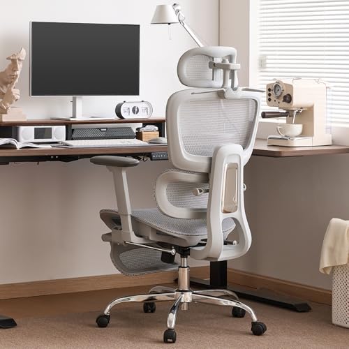 Office Chair with Footrest, Ergonomic Chair with 3D Headrest, Computer Chair with Adjustable Backrest & 3D Armrest, Gaming Chair with Adaptive Lumbar Support, Mesh Backrest & Cushion, Grey - color: Grey, style: Lite