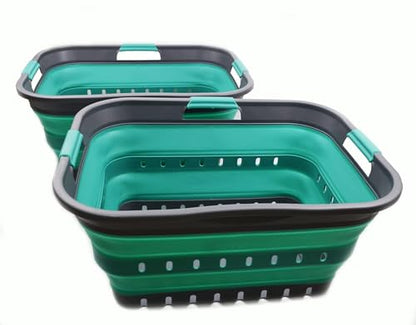 SAMMART 42L (11 gallon) Collapsible Plastic Laundry Basket - Foldable Pop Up Storage Container/Organizer - Portable Basket - Space Saving Hamper/Basket (2, Grey/Turquoise Blue) - color: Grey/Turquoise Blue