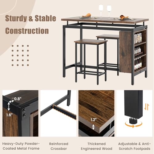 GIANTEX 3-Piece Dining Table Set - Counter Height Dining Table Set with 2 Bar Stools, 3-Tier Storage Shelf, Space-Saving Breakfast Nook Table Set for Small Places, Kitchen Table Chairs Set for 2