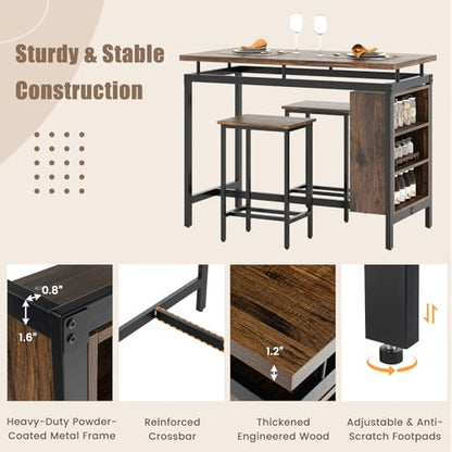 GIANTEX 3-Piece Dining Table Set - Counter Height Dining Table Set with 2 Bar Stools, 3-Tier Storage Shelf, Space-Saving Breakfast Nook Table Set for Small Places, Kitchen Table Chairs Set for 2