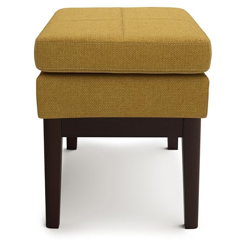 SIMPLIHOME Carlson 27" Wide Woven Fabric Rectangle Ottoman in Marigold | Mid-century modern ottoman with a padded seat for extra seating in bedroom or entryway; footstool, footrest. - color: Marigold, style: Small Ottoman Bench