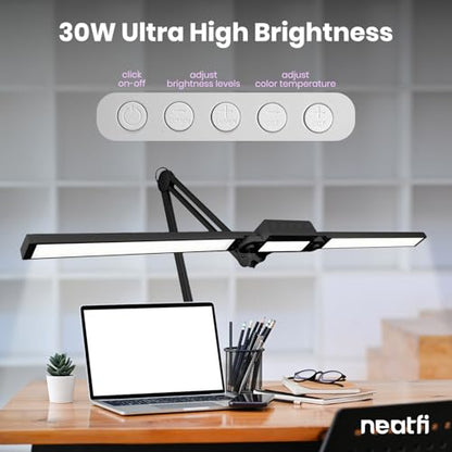 Neatfi Pro LED Desk Lamp | 3,000 Lumens | Dimmable 30W Desk Light | 360 SMD LEDs | CRI 95 | Adjustable Color Temperature | Home, Office, or Workbench (Black, 41-Inch, CCT with Clamp) - color: Black