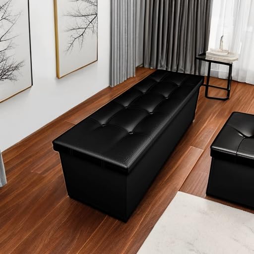 Camabel 43 Inch Folding Storage Ottoman Bench 125L Hold up 700lbs Ottoman with Storage Chest Foam Seat Padded Foot Rest Stool Faux Leather Bedroom Bench with Storage Coffee Table Black - color: Black