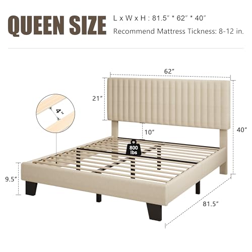 Einhomn Queen Size Bed Frame with Headboard, Upholstered Linen Platform Bedframe with Solid Wooden Slats, Noise-Free, No Box Spring Needed, Easy Assembly, Beige - color: Beige, size: Queen