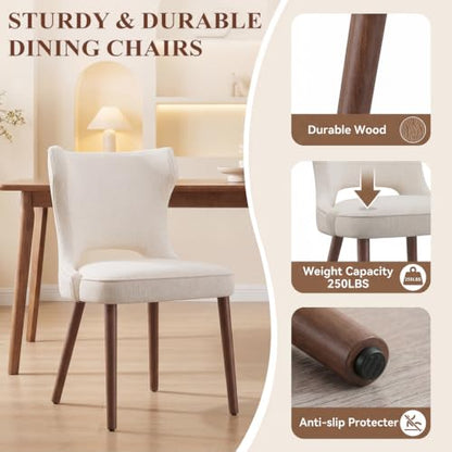 Wooden Dining Chairs Set of 6, Mid Century Dining Room Chairs with Solid Wood Legs, Upholstered Fabric Kitchen Chairs with Ergonomic Curved Backrest for Kitchen Dining Room, Beige - color: Beige, size: Set of 6