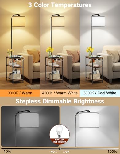 Floor Lamp with Table & Remote, Side End Table with Charging Station, Dimmable Nightstand with 3 Color Temperatures, 1-Hour Timer, 12W LED Bulb, for Living Room, Bedroom - color: Rustic Brown