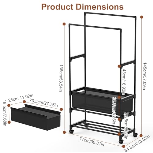 Double Rods Clothes Rack, Heavy Duty Metal Garment Rack Metal Clothing Racks with Shelves Lockable Wheels Portable Storage Bag Height Adjustable for Bedroom Laundry Living Room - size: 30.31"D x 13.58"W x 57.09"H