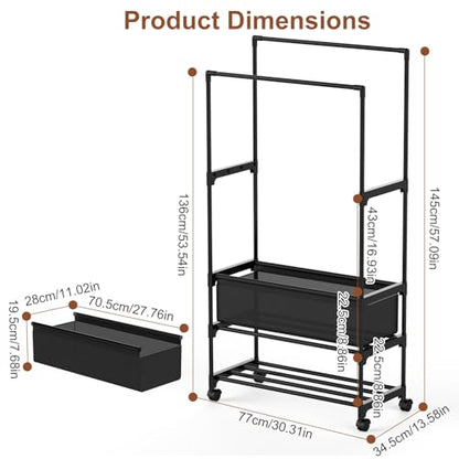Double Rods Clothes Rack, Heavy Duty Metal Garment Rack Metal Clothing Racks with Shelves Lockable Wheels Portable Storage Bag Height Adjustable for Bedroom Laundry Living Room - size: 30.31"D x 13.58"W x 57.09"H