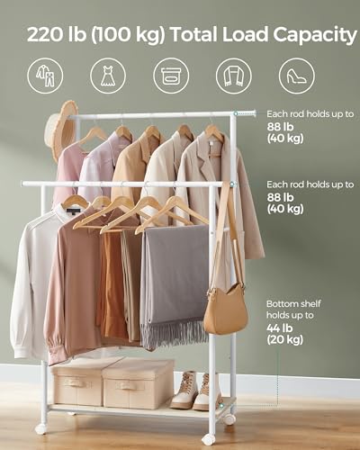 SONGMICS Clothes Rack with Wheels, Double-Rod Clothing Rack for Hanging Clothes, 38.8 Inches Garment Rack with Shelf, Loads up to 220 lb, for Bedroom, Closet, Natural Beige and Cloud White UHSR152W01 | Clothing Rack for Hanging Clothes, 38.8 Inches, Loads