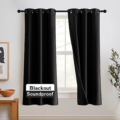 RYB HOME Soundproof Curtains 63 inches, 3 Layers 100% Blackout Curtains | Noise Reducing, Thermal Insulated, With Detachable Felt Liner, For Nursery Bedroom Kids Room, W42 x L63, Black, 2 Panels - color: Black, size: 42"W x 63"L (Pack of 2)