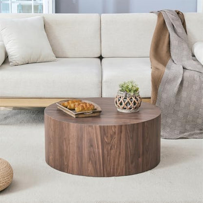 Round Coffee Table, 23.6" Modern Wood Drum Coffee Table, Round Accent Center Table for Living Room Apartment Small Spaces, No Assembly Required - color: 24'' Walnut, size: 24'' Round Coffee Table