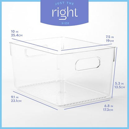 Plastic Food Storage 4 Pack Clear Container Bin with Handles for Organizing Kitchen, Pantry, Refrigerator, Freezer, Pantry, Cabinet, Closet, Bathroom. 10”x7.5”x5.3” - size: 10x7.5x5.3