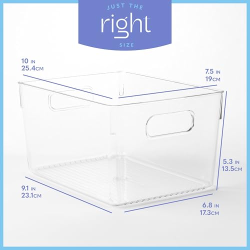 Plastic Food Storage 4 Pack Clear Container Bin with Handles for Organizing Kitchen, Pantry, Refrigerator, Freezer, Pantry, Cabinet, Closet, Bathroom. 10”x7.5”x5.3” - size: 10x7.5x5.3