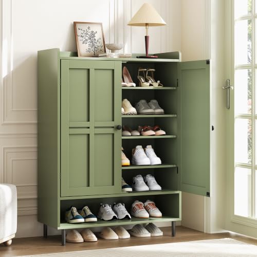 Shoe Cabinet with Cross Molding Doors, 6-Tier Storage, Green | 45'' Tall Shoe Storage Organizer with 3 Adjustable Shelves & Metal Legs, Freestanding Wood Shoe Rack for Entryway, Front Door - color: Green