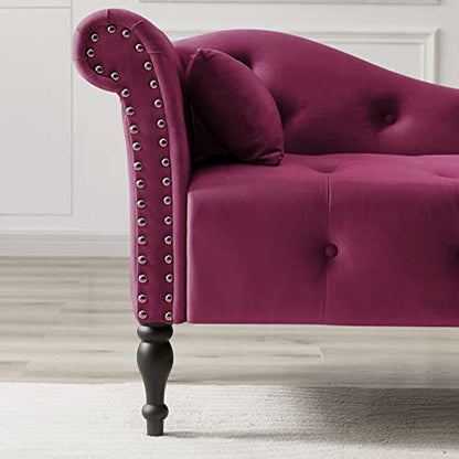 60" Modern Velvet Chaise Lounge Indoor,Upholstered Lounge Chair with Left Armrest and Lumbar Pillow, Button Tufted Lounge Sofa for Living Room Bedroom Office,Mini Chaise Longue Sofa (Claret) - color: Claret