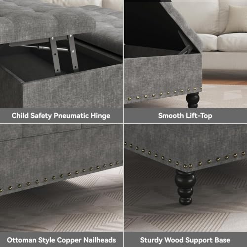 35" Ottoman Coffee Table, Storage Ottoman, Gray | Tufted Upholstered Coffee Table with Lift Top & Solid Wood Legs, Living Room