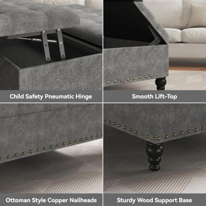 35" Ottoman Coffee Table, Storage Ottoman, Gray | Tufted Upholstered Coffee Table with Lift Top & Solid Wood Legs, Living Room