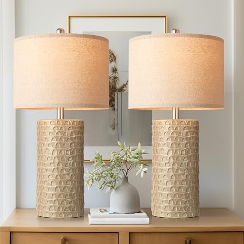 23" Modern Ceramic Table Lamp Set of 2, Table Lamps for Living Room, Rustic Farmhouse Bedside Lamps Nightstand lamp for Bedroom, Desk Lamp for End Table Home Decor Beige - color: Beige