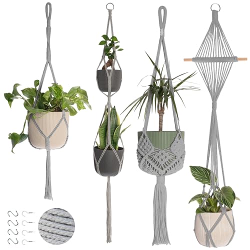 4-Pack Macrame Plant Hangers with 8 Hooks - Hanging Planters for Indoor Plants, Boho Macrame Hangers Indoor Outdoor, Decorative Plant Hanger Indoor (Light Gray) - color: Light Gray