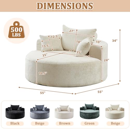 55" Oversized Round Chaise Longue Chair Indoor, Upholstered Chenille Circle Single Cloud Reading Sofa Chair Deep Seat Modern Boneless Sleeper Couch No Assembly Required, Beige - color: Beige, style: 55"Chenille