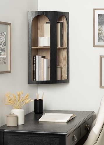 Kate and Laurel Elloree Modern Corner Shelf Cabinet for Storage and Display; 16 x 11 x 24; Black and Natural; Transitional Corner Storage for Use as Living Room Shelving or Bedroom Storage Design - color: Natural/Black