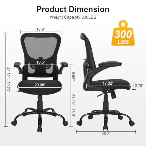 Ergonomic Mesh Office Chair with Adjustable Lumbar Support, Flip-Up Arms & Rolling Swivel Base, Breathable Computer Desk Chair for Home Office, Study & Remote Work, Black