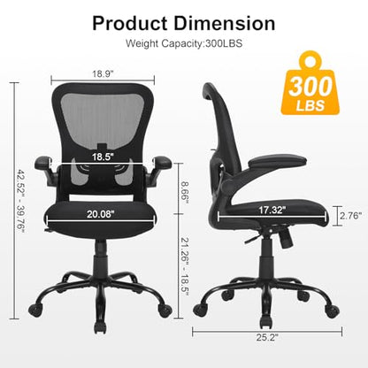 Ergonomic Mesh Office Chair with Adjustable Lumbar Support, Flip-Up Arms & Rolling Swivel Base, Breathable Computer Desk Chair for Home Office, Study & Remote Work, Black