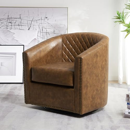 KINWELL 29" W Faux Leather Tufted PU Swivel Barrel Accent Chair, Coffee | No Assembly Vegan Leather Upholstered Swivel Club Chair with Nailhead Trim, Modern Armchair for Small Spaces Apartment - color: Coffee, style: Set of 1