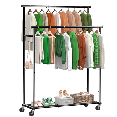 Ekisemio Double Rods Clothes Rack with Wheels Load 400 LBS, 45 Inch Rolling Clothing Rack for Hanging Clothes, Heavy Duty Garment Rack with Shelves, Metal Portable Closet, Black - style: Double Rod