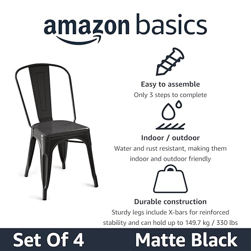 Amazon Basics Metal Dining Chairs, Easy to Assemble, Indoor/Outdoor, Stackable, Matte Black, 4-Pack - color: Matte Black