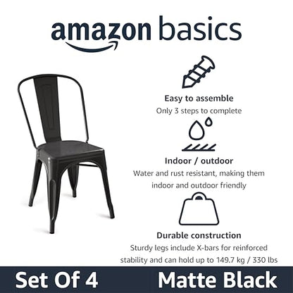 Amazon Basics Metal Dining Chairs, Easy to Assemble, Indoor/Outdoor, Stackable, Matte Black, 4-Pack - color: Matte Black
