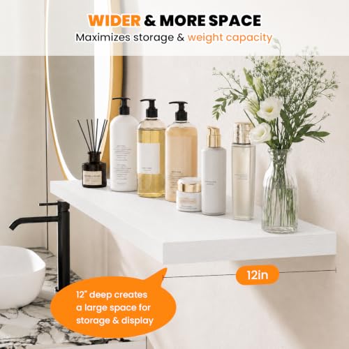 RICHER HOUSE 55 Inch Long Floating Shelves, 12 Inch Deep White Wall Shelf | Wide Wall Shelves for Bedroom Kitchen Bathroom Wall Mounted Shelf, Rustic Wooden Bookshelf with Invisible Bracket, 2 Pack - color: White, size: 55in