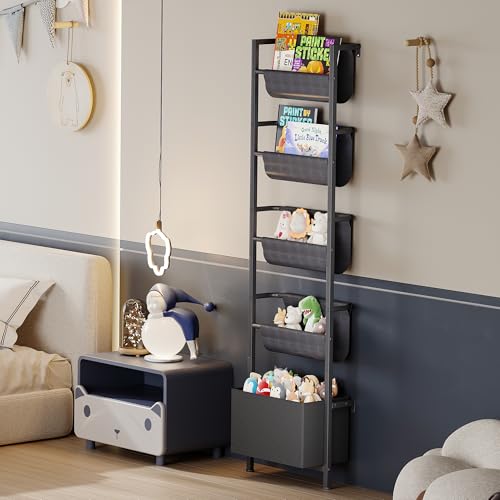 Homeiju Wall Mounted Kids Bookshelf with Storage Bin, 5-Tier Ladder Shelf, Suitable for Books, Toys, Magazines, Documents, Albums, Black - color: Black
