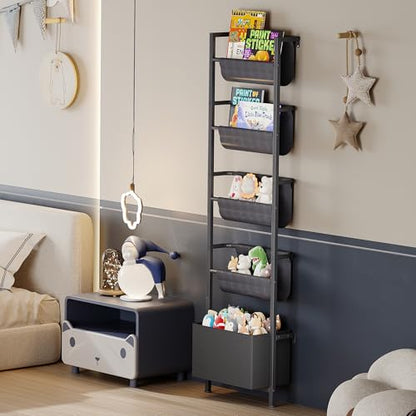 Homeiju Wall Mounted Kids Bookshelf with Storage Bin, 5-Tier Ladder Shelf, Suitable for Books, Toys, Magazines, Documents, Albums, Black - color: Black
