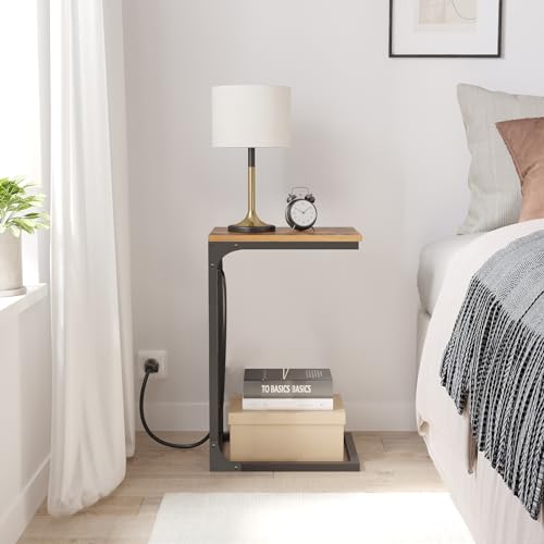 TUTOTAK C Shaped End Table with Charging Station, Side Table for Sofa | Couch Table with Storage Bag, TV Tray with 2 USB Ports and Outlets, Set of 2, Living Room and Bedroom, Brown TB01BB0242 - color: Brown, size: 2 Pack (11.8"W), style: With Plug