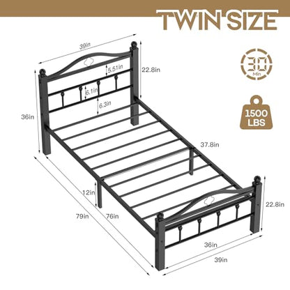 Twin Bed Frames with Headboard | 1500LBS Heavy Duty, Noise Free Design, 12 Inch Under-Bed Storage Space, No Box Spring Needed, Tool-Free Assembly - size: Twin