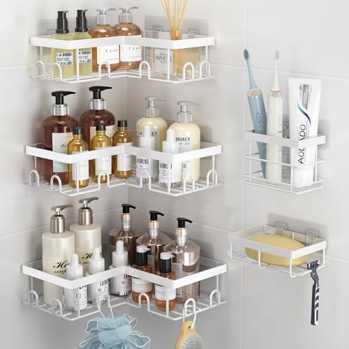 Liuoud Corner Shower Caddy 5 Pack Adhesive Stainless Steel Organizer White | Shower Shelves with Soap Rack Toothbrush Holder, Large Capacity No Drilling Bathroom Accessory Home Decor Set - color: White