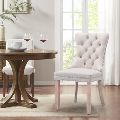 Velvet Upholstered Dining Chairs Set of 6, Modern Style Kitchen Side Chairs with Nailhead Trim and Wood Legs,Metal Pulling Ring for Dining Room Living Room(Beige,Set of 6) - color: Beige, size: Set of 6