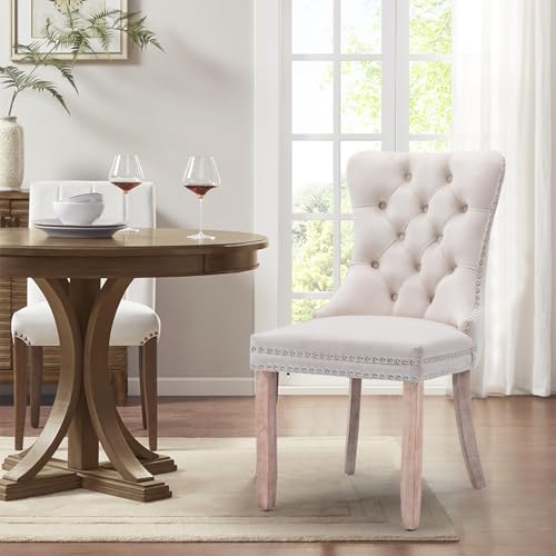 Velvet Upholstered Dining Chairs Set of 8, Modern Style Kitchen Side Chairs with Nailhead Trim and Wood Legs,Metal Pulling Ring for Dining Room Living Room(Beige) - color: Beige, size: Set of 8