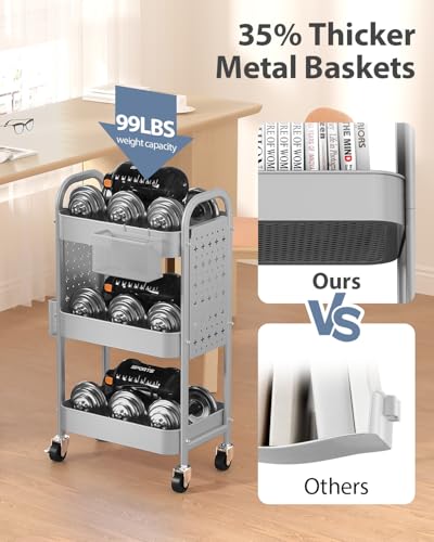 ALVOROG 3 Tier Rolling Cart with DIY Pegboards Metal Utility Cart with Wheels Handles Baskets Hooks, Craft Cart for Office Kitchen Bathroom(Light Gray) - color: Light Gray