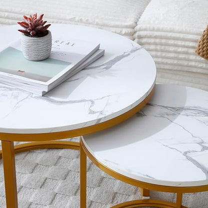 24" Marble Pattern Accent Side Table, Modern Nesting Side Tables with Metal Frame, Space-Saving Nesting Coffee Table Set for Living Room Apartment, White+Gray - color: White+gray